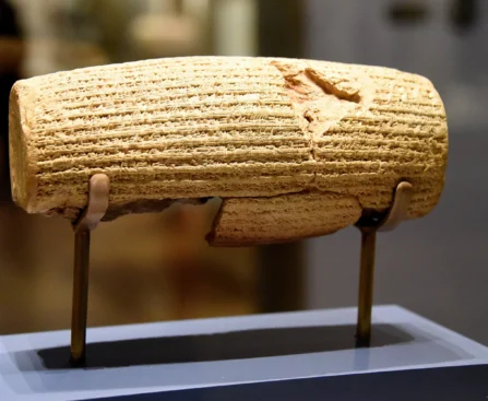 A picture of the Cyrus cylinder on display in the British Museum.