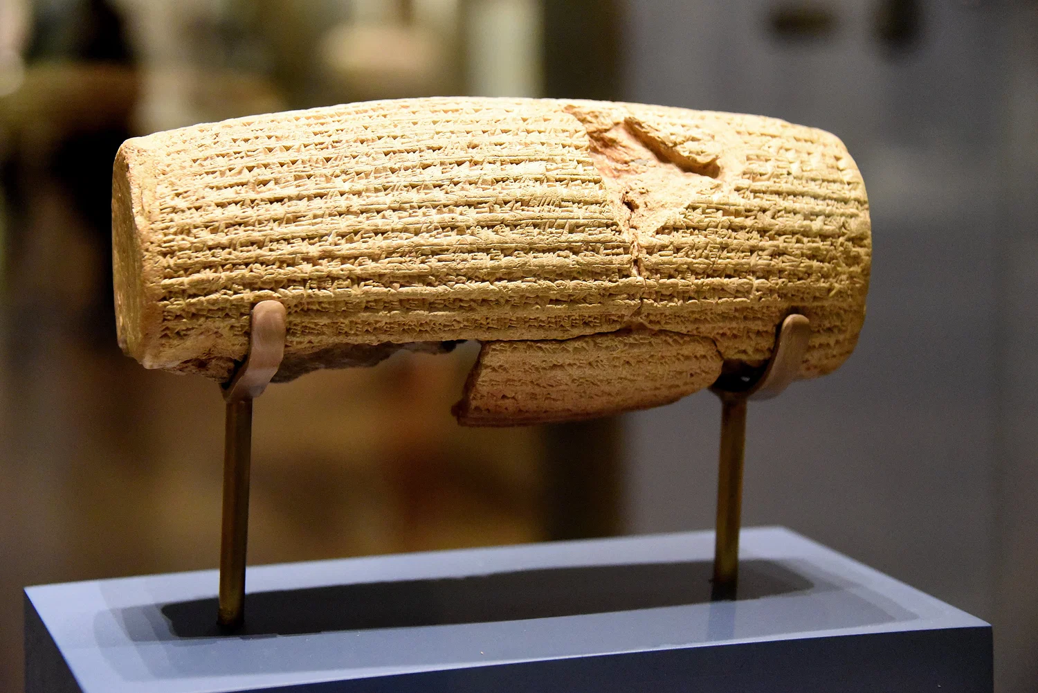 A picture of the Cyrus cylinder on display in the British Museum.