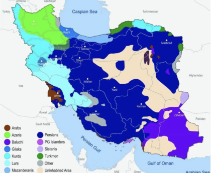 A map showing the distribution of ethnic groups across Iran.