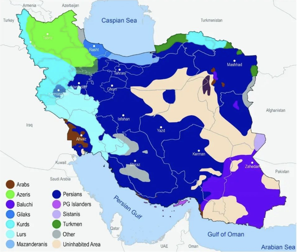 A map showing the distribution of ethnic groups across Iran.